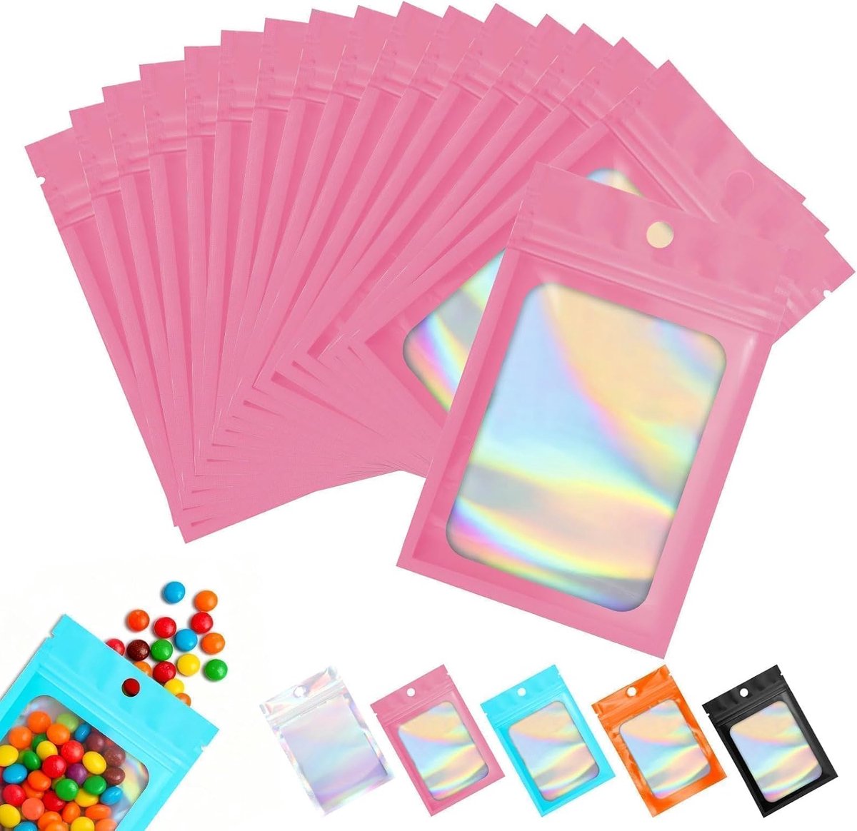 Bags Mylar-zakken, 8 x 13 cm, hersluitbaar, geurdicht, voor eten, snoep, sieraden, feestgeschenken, 130 stuks, roze