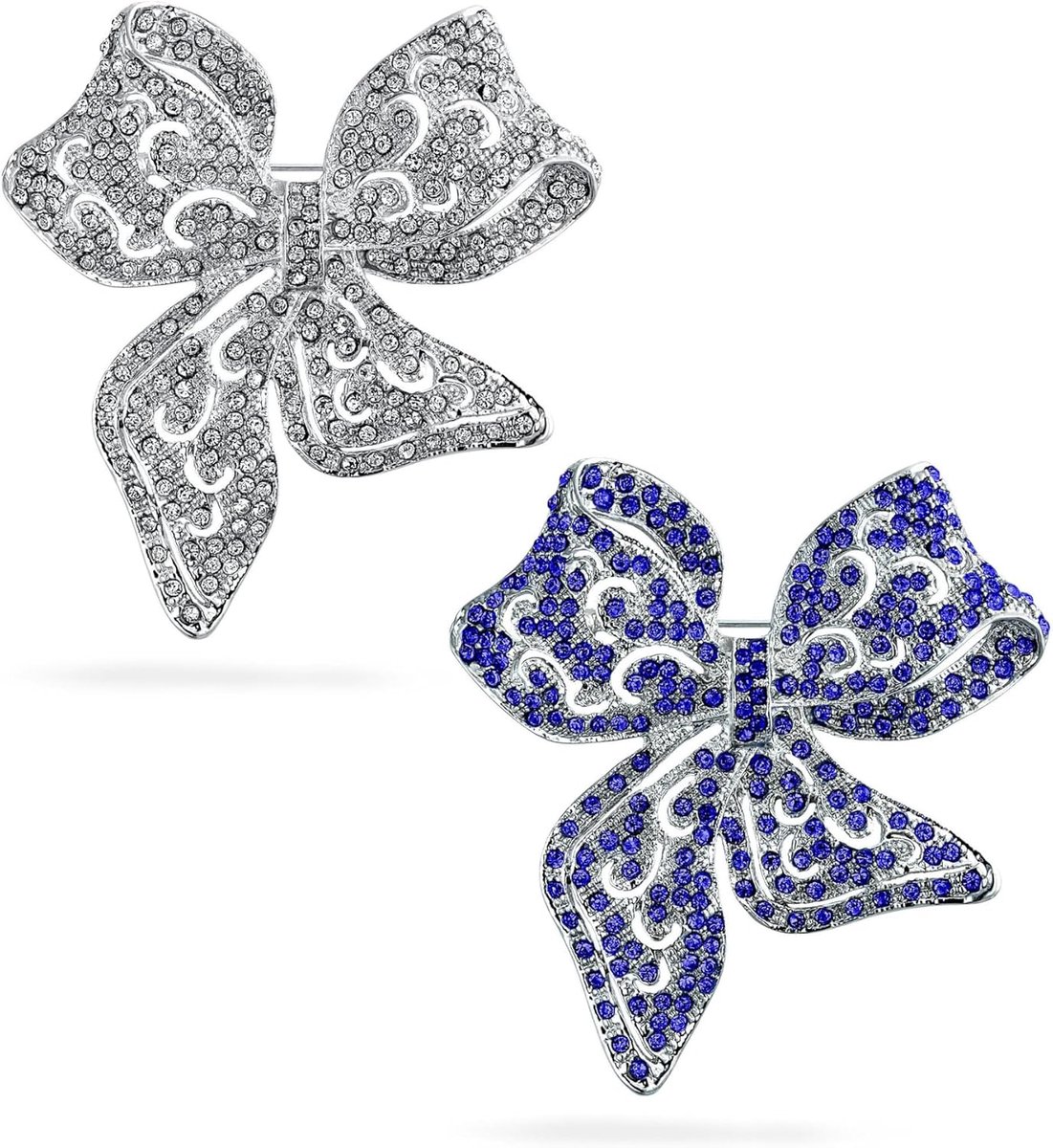 Vintage Stijl Winter Bruiloft Vakantie Koningsblauw Wit Glinsterende Crystal Pave Bruids Mode Grote Statement Filigraan Lint Boog Sjaal Broche Pin Voor Vrouwen Zilver Rose Plated