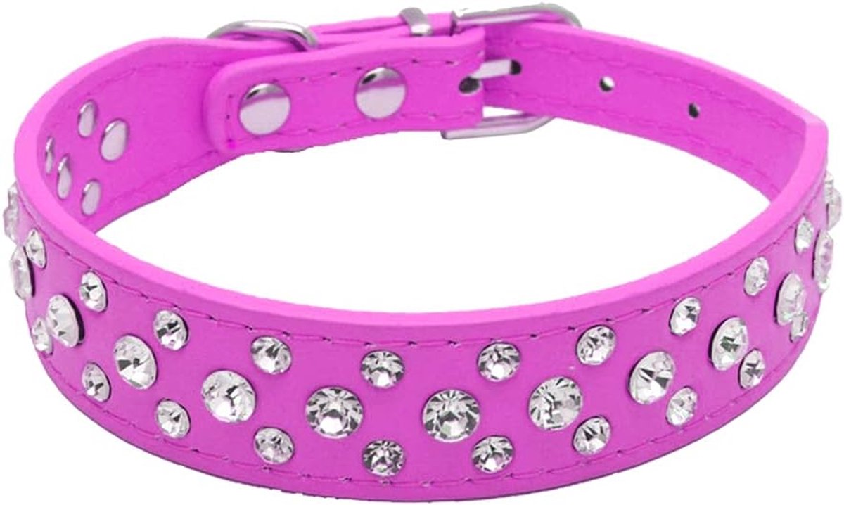 Strass PU-leer kristal diamant halsband voor huisdier/hond/kat/puppy S M L XL (XL, felroze)