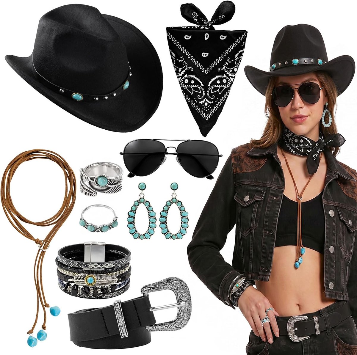 9-delige accessoires cowboykostuum dames zwart cowboyhoed western outfit
