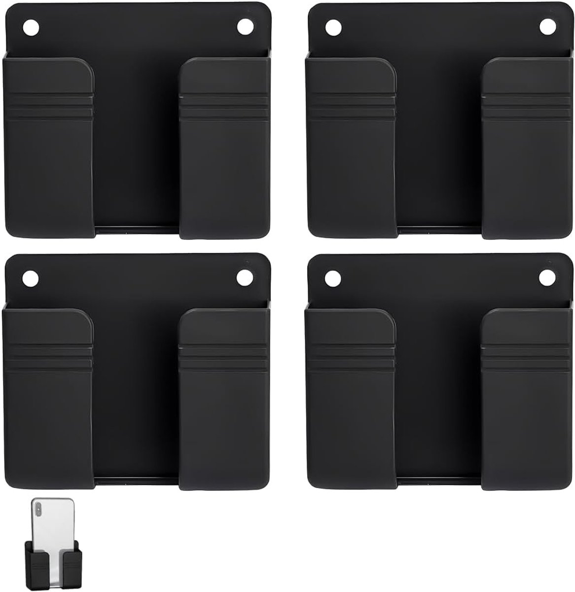 Telefoonhouder voor badkamer, wandmontage, 4 stuks, zwart, met 3M-plakband en draadgat, universele houder voor douche, slaapkamer, bureau, standaard