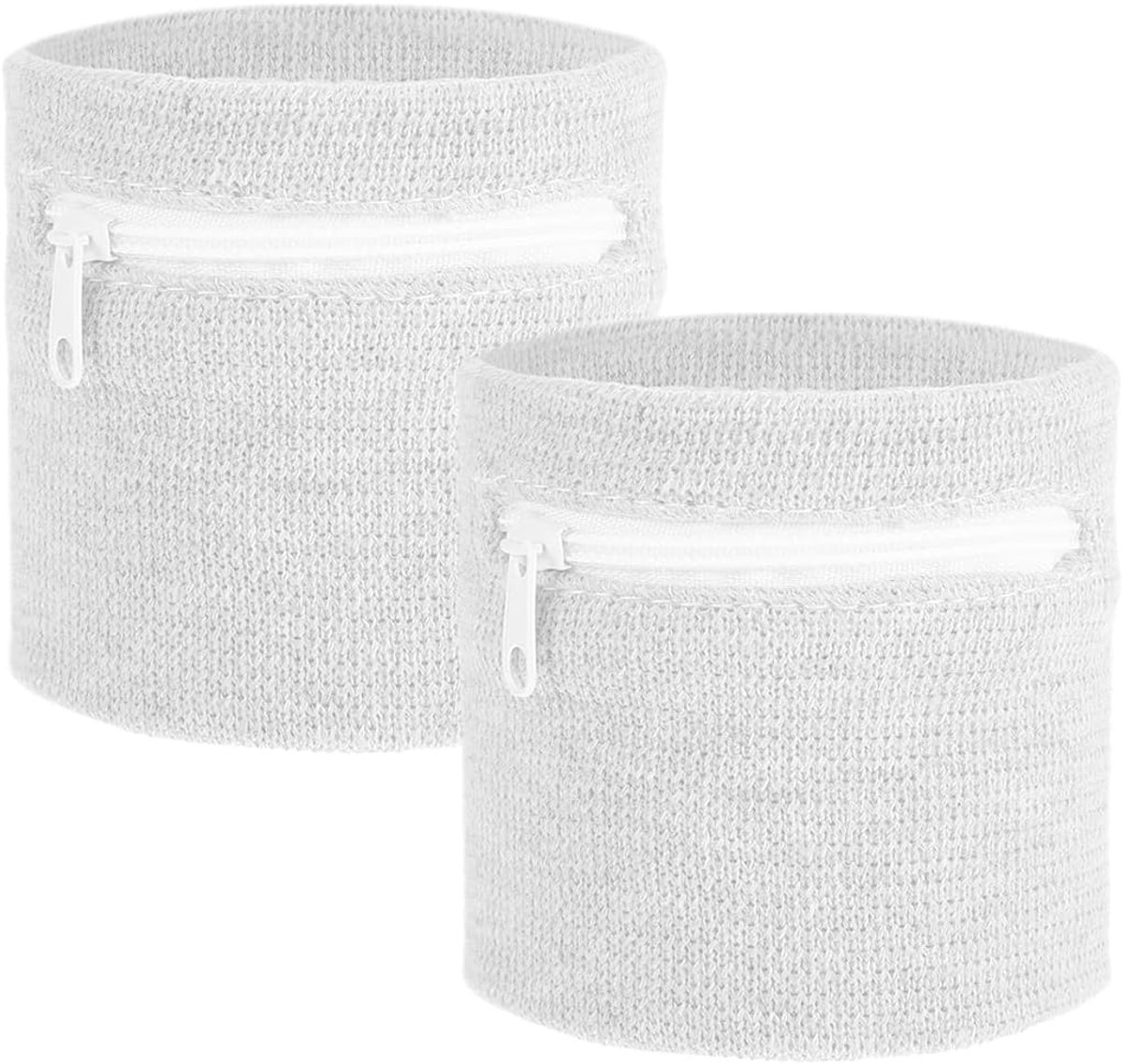 Sportarmband met ritssluiting, 2 stuks, wit, tas voor voorwerpen voor hardlopen, fitness, reizen. Absorbeert zweet en houdt sleutels, contant geld veilig.