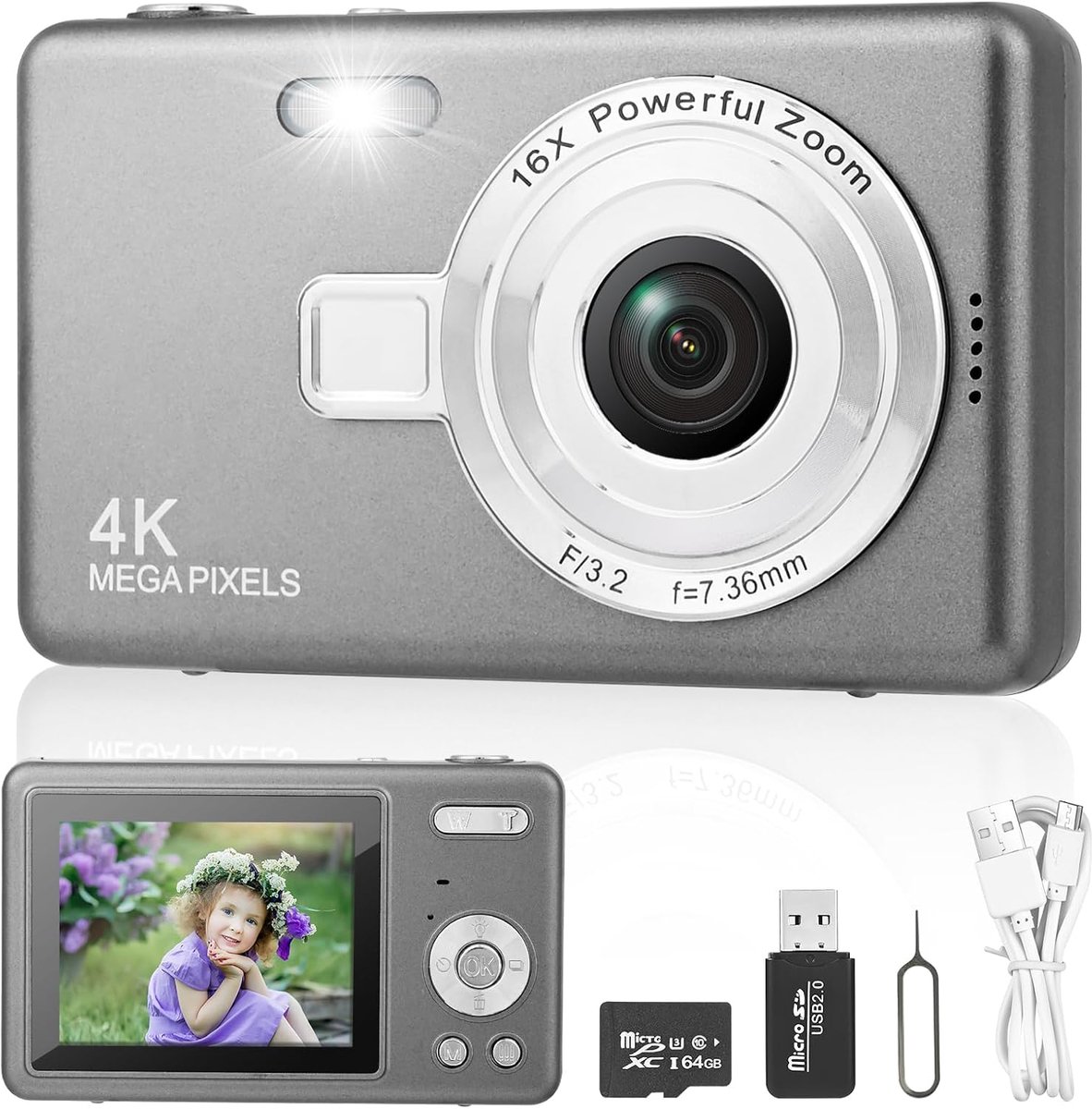 Camera met 64 GB kaart, 1080p 40 MP compacte digitale camera met 8-voudige digitale zoom flits, digitale camera's voor kinderen, jongeren en volwassenen, beginners (donkergrijs)