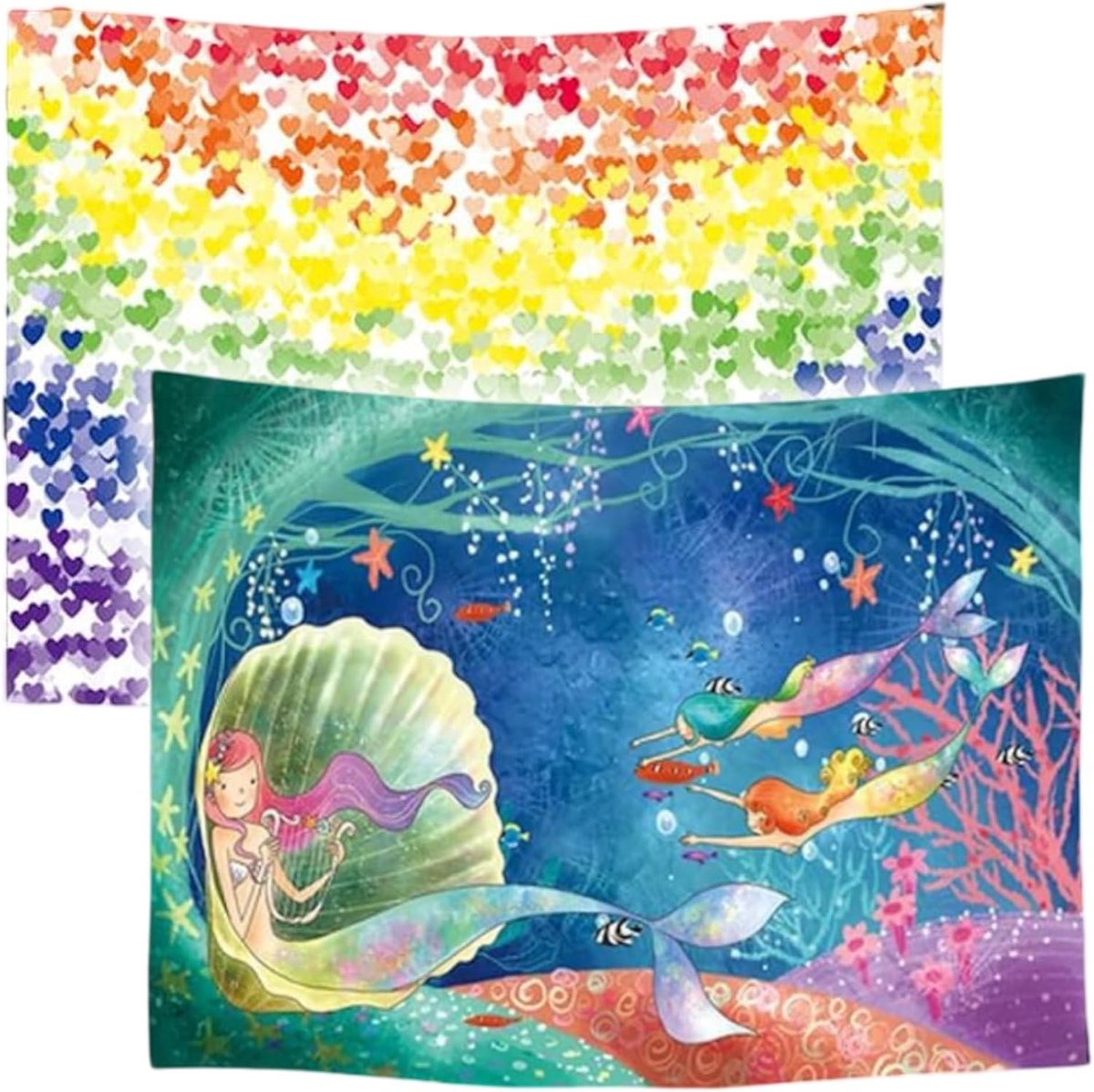 – Wandkleed - Regenboog Hartjes Zeemeermin Kinderkamer – Set van 2 designs - 73 cm x 95 cm – Schilderij Wandtapijt Stof – Poster Art – Meerkleurig