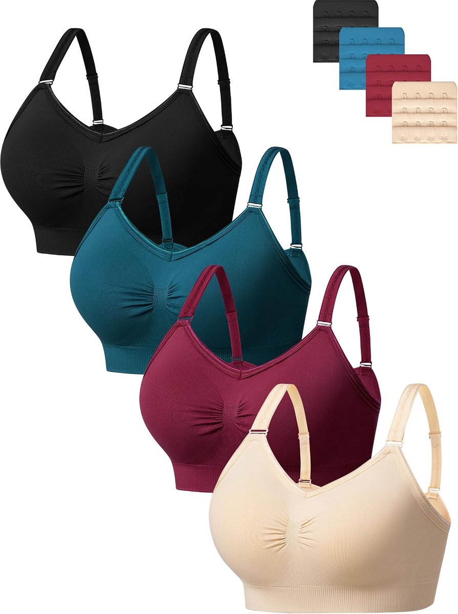 4-pack volledige dekking draadloze bh's, zachte naadloze beha-sets voor vrouwen, comfortabele ondersteuning bralette met verwijderbare gewatteerde en extra extenders