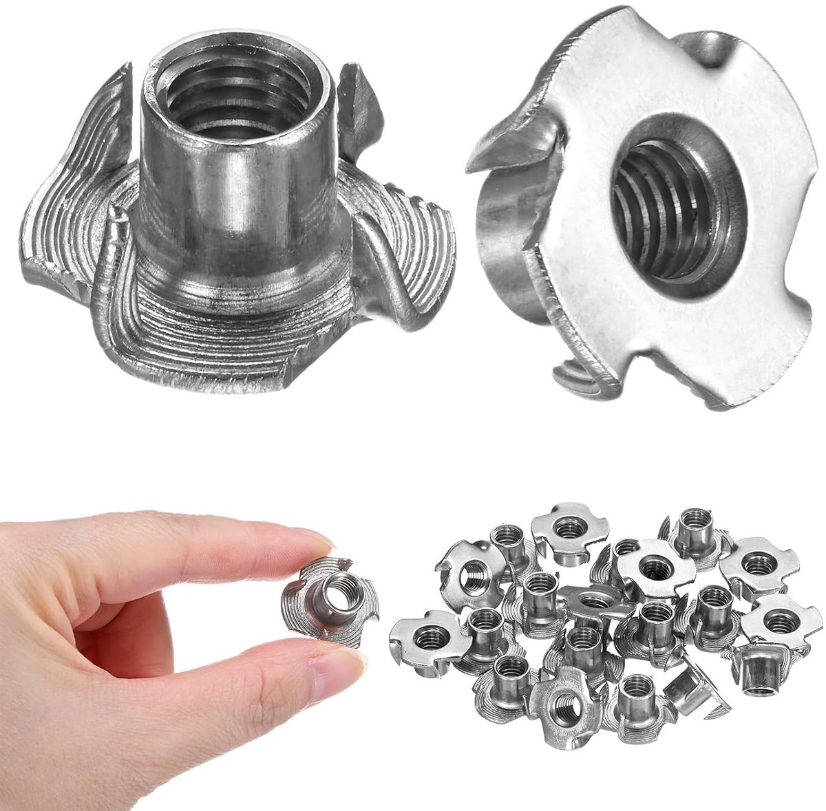 T-moeren, M8 x 11 mm, roestvrij staal, schroefdraadinzetstukken met 4 klauwen voor hout/klimstangen/meubels, corrosiebestendige bevestigingselementen