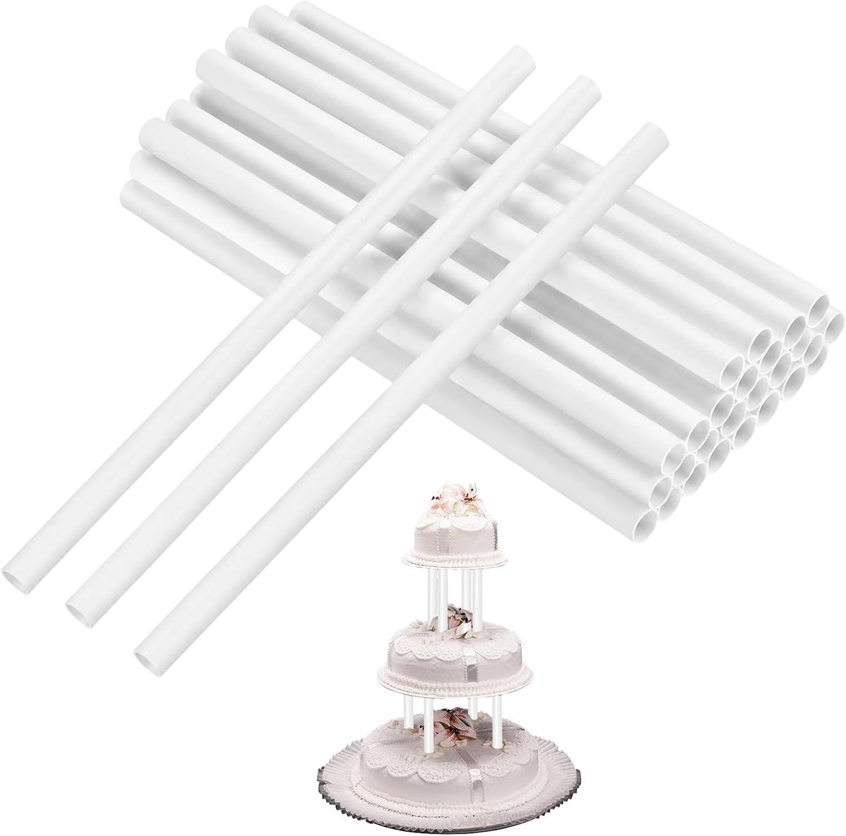 24 stuks taartpluggen 30 cm, witte kunststof steunen, herbruikbaar, etagstangen professionele accessoires, robuuste stokken, houders voor bouwen, stapelen