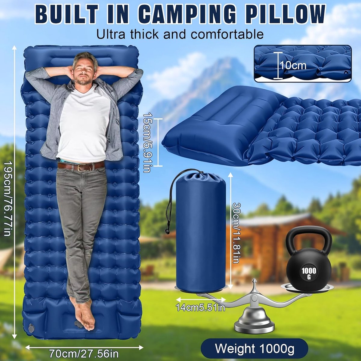 Campingmatras, verdikte luchtmatras voor eenpersoonsbed, met ingebouwde voetpomp en kussen, ultralicht, opblaasbaar matras voor wandelen, strand, picknick