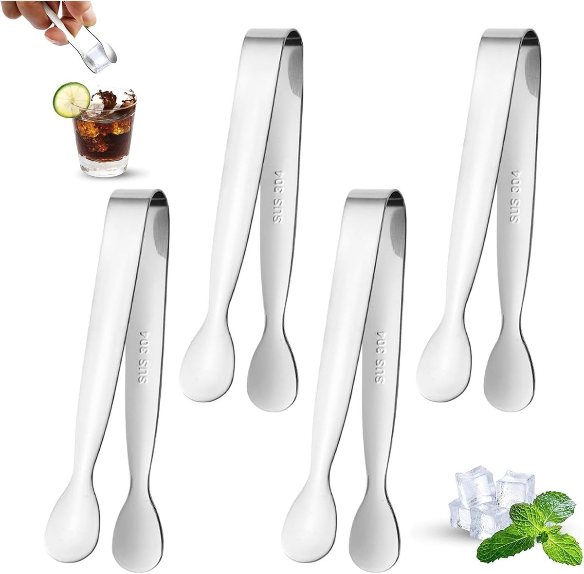Zoete tang, 4 stuks roestvrijstalen mini-ijs- en suikertang, kleine voedselserveertang voor snoep, desserts, buffet, theekransje, koffiebar en picknick