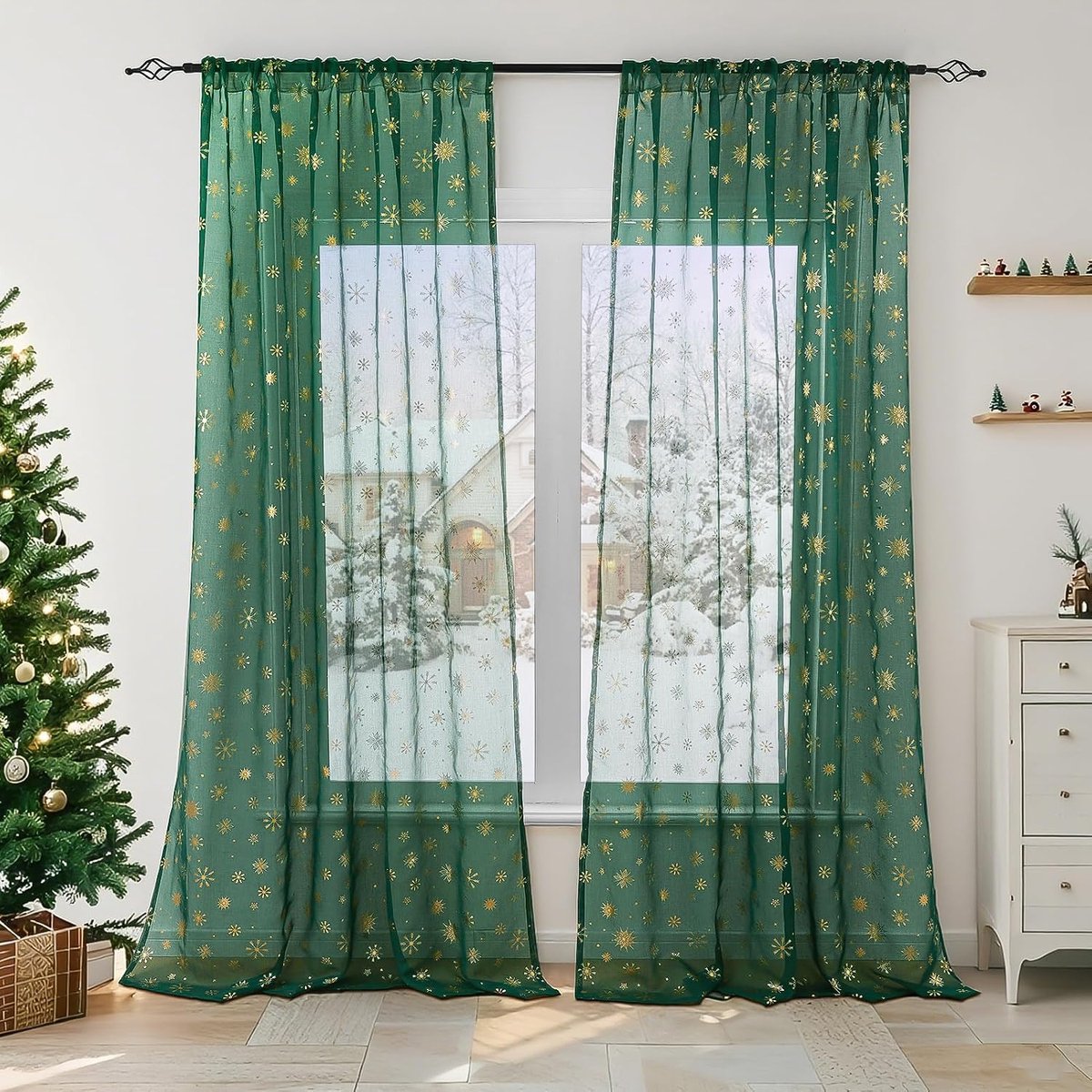 Kerstgordijnen voor binnen, 2 stuks, 140 x 245 cm, groen, transparant, voor thuis, woonkamer, raam, decoratie