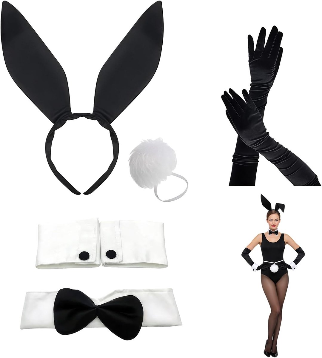 Cosplay Kostuum, 5-delige Set met Accessoires, Zwart/Wit, Inclusief Oorbellen, Kraag, Manchet, Staart en Handschoenen