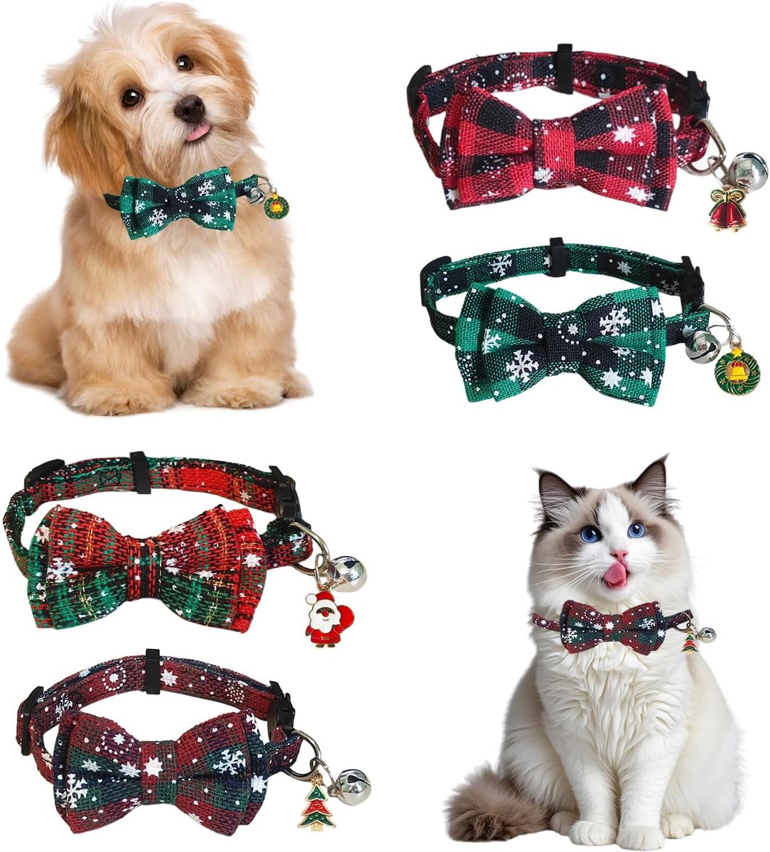4 stuks kersthalsband voor huisdieren, verstelbare kattenhalsband met strik en bel, feestelijke hondenhalsband van katoen nylon, rood groen ruitpatroon, kerstdecoratieaccessoires