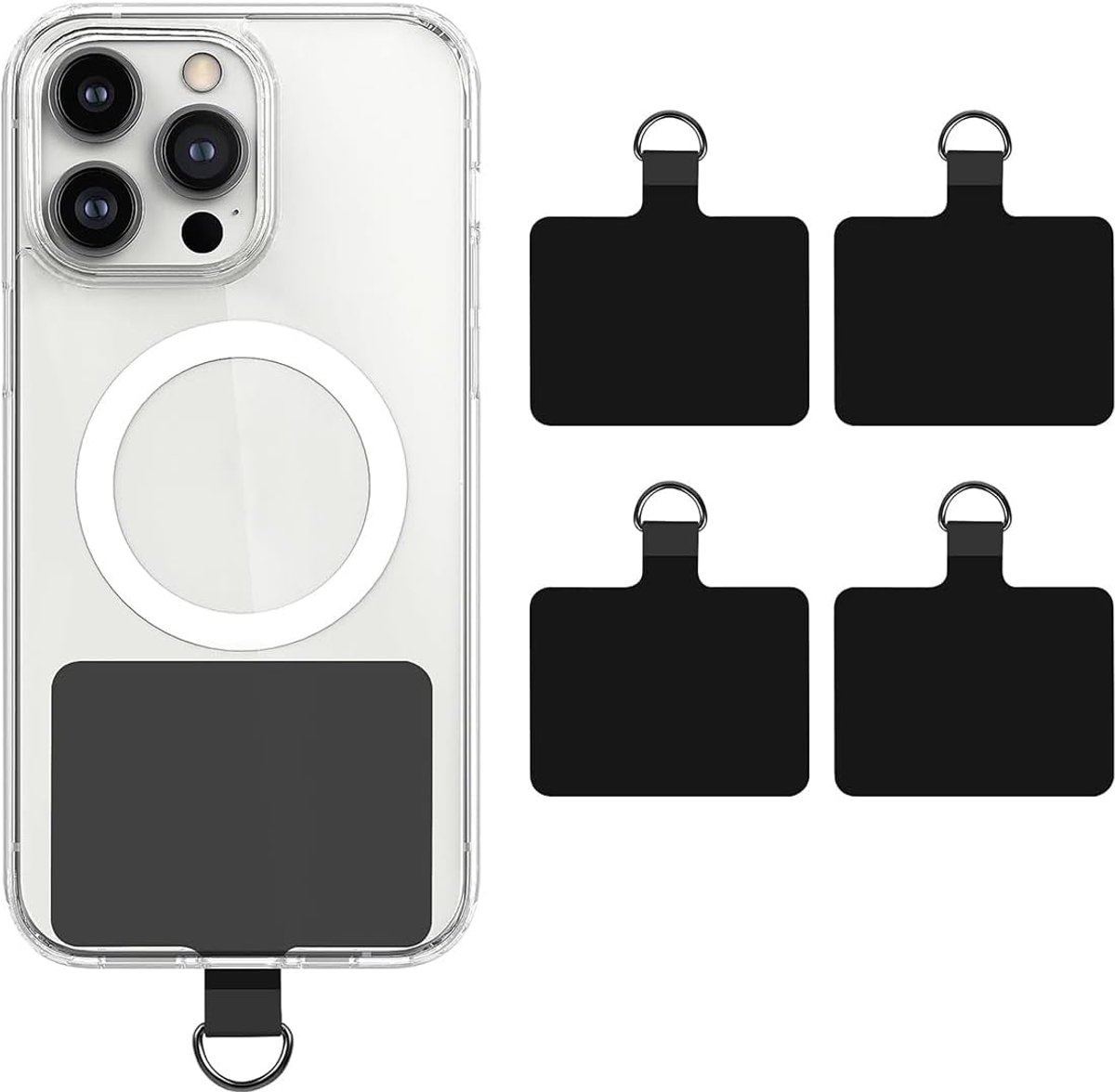 Set van 4 mobiele telefoon-lanyard patches - zwarte cover stickers met koord voor smartphone multifunctioneel - patch voor de meeste smartphones