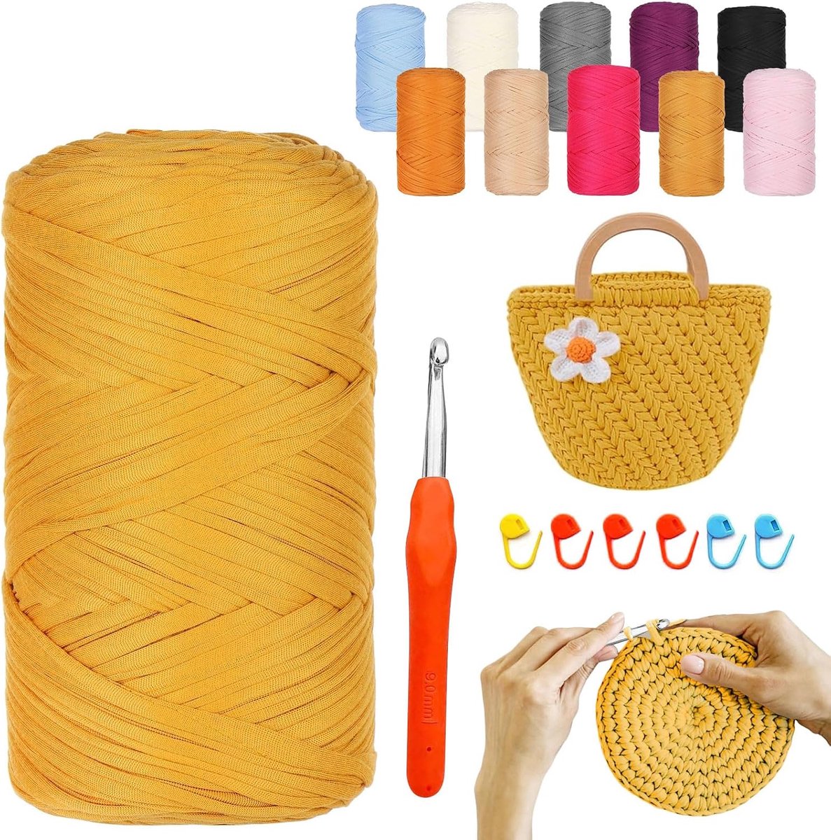 400 G/120 m, textielgaren voor haken, met 9,0 mm haaknaald, haakgaren, T-shirt-garen voor tassen, manden, dekens, woondecoratie (lichtgeel)