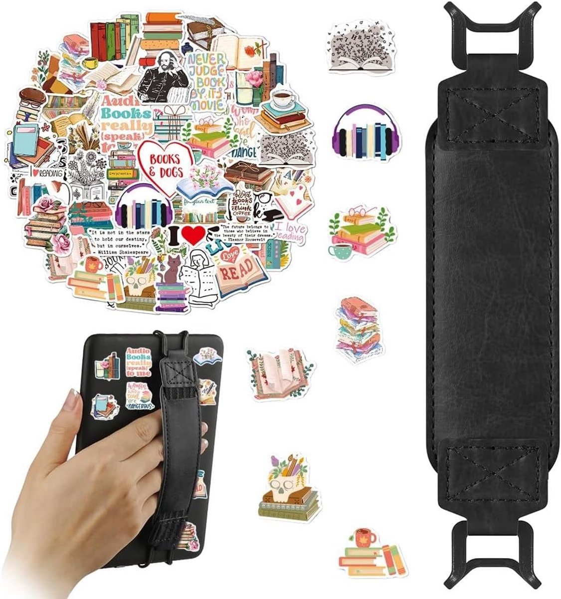 Armband voor Kindle, elastische houder voor Kindle Ereader Fire van 15,2 - 17,8 cm, tablet, PU-leer, 50 leesstickers in retrostijl, elegant cadeau, voorkomt pijn in de hand