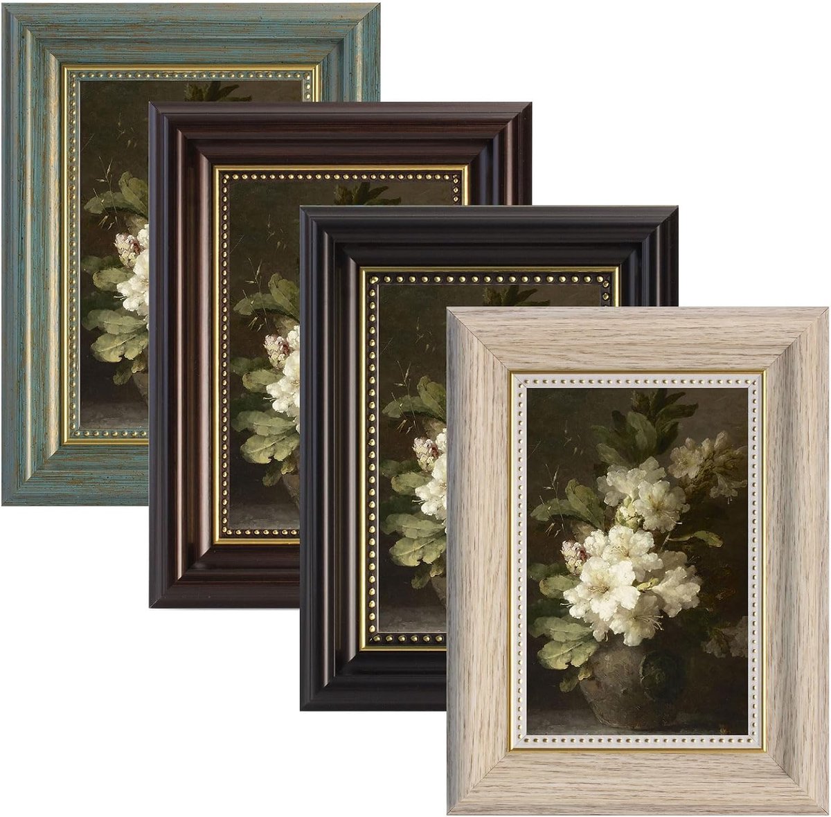 Lijstenset, 5 x 7 cm retro vierkante fotolijsten met houder voor wand- en tafelblad, 4 kleuren fotolijsten voor thuiskantoor, woonkamerinrichting (zwart, koffie, hout wit, groen)