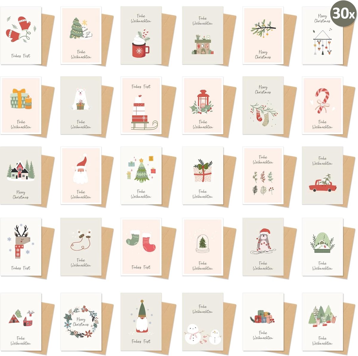 30 kerstkaarten met envelop set - kerstkaarten set - vouwkaarten kerstwenskaarten met 30 verschillende ontwerpen, vrolijk kerstfeest kaarten voor familie vrienden – A6 vouwkaarten