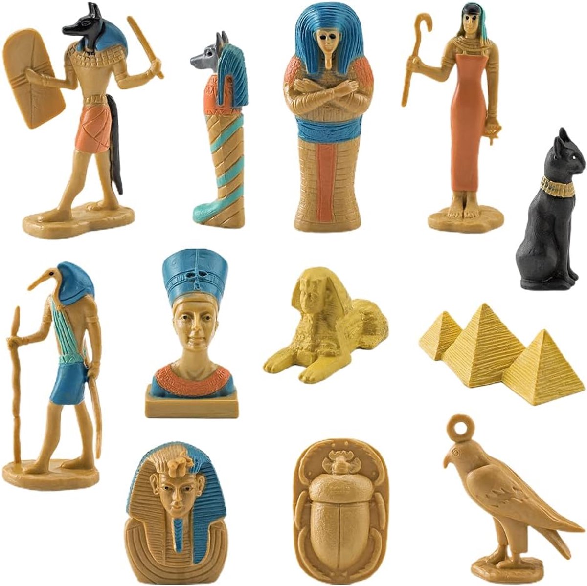 12 Stuks Oude Egypte, Egyptische God Godin Beeldjes Set, PVC Miniatuur Beelden Set met Duidelijke Details en met de Hand Gepolijst voor Woonkamer, Studeerkamer (BL-1136 Oude Egypte)