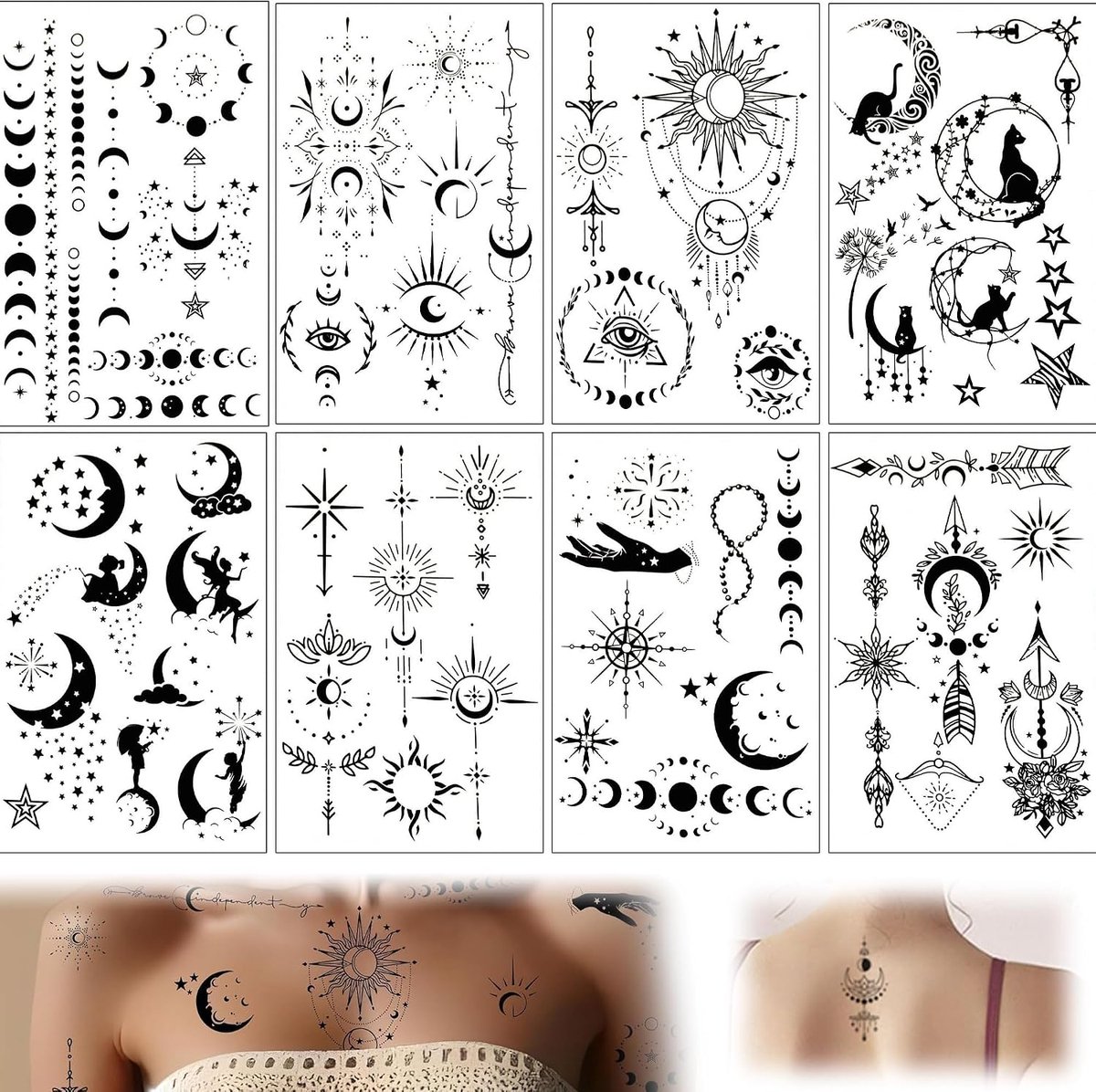 Tijdelijke tatoeages, 8 vellen voor dames en heren, zelfklevende tatoeages voor volwassenen, zwarte maan, gezichtstatoeages, lichaam, tijdelijke tatoeages, tattoo-stickers voor vrouwen en