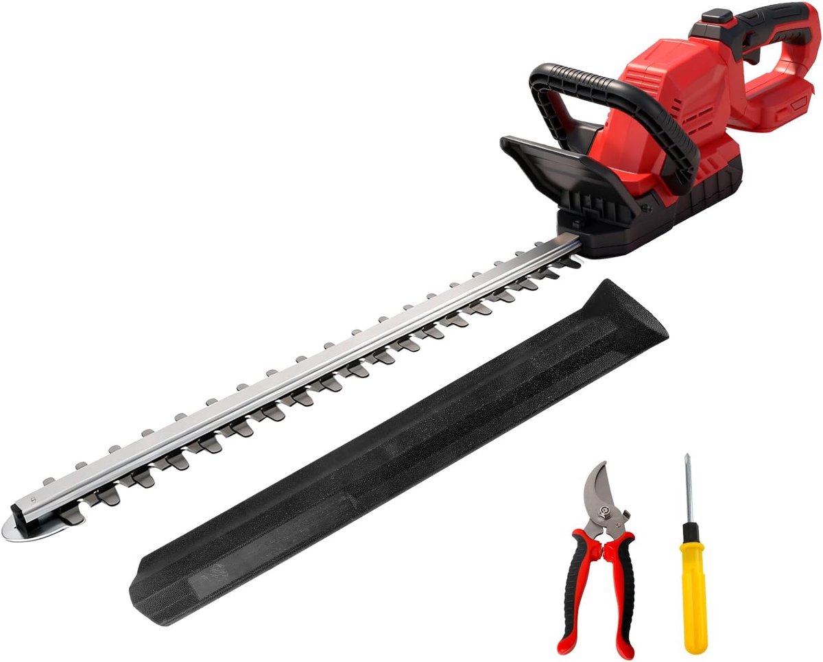 52 cm lange heggenschaar, compatibel met Milwaukee M 18 V accu's, borstelloze motor, lichte elektrische heggenschaar, 15 mm tandafstand, 180° draaibare kop (zonder accu) (rood)