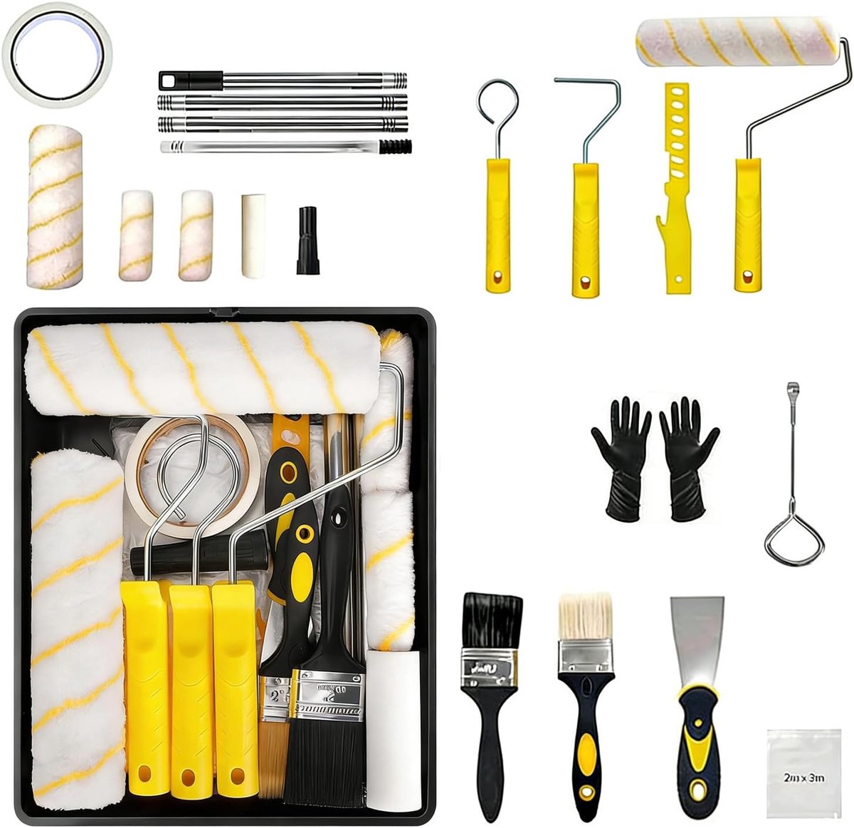 Verfroller, muurverf, schilderset, 21-delige verfrollenset, een rolset voor schilderen en schilderen, met roestvrijstalen telescoopstang, geschikt voor muren, plafonds, deuren en ramen