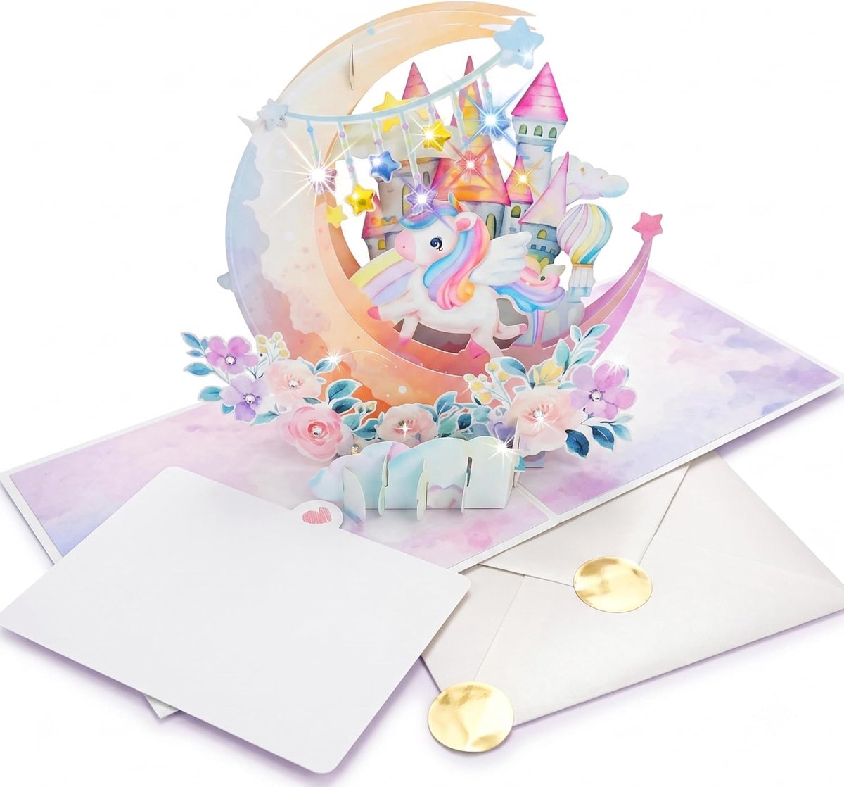 Verjaardagskaart, 3D-verjaardagskaart vrouw met eenhoorn, kasteel en maan, Happy Birthday-kaart, verjaardagskaart pop-up met envelop, inlegkaart en sticker, cadeau voor vrouwen en
