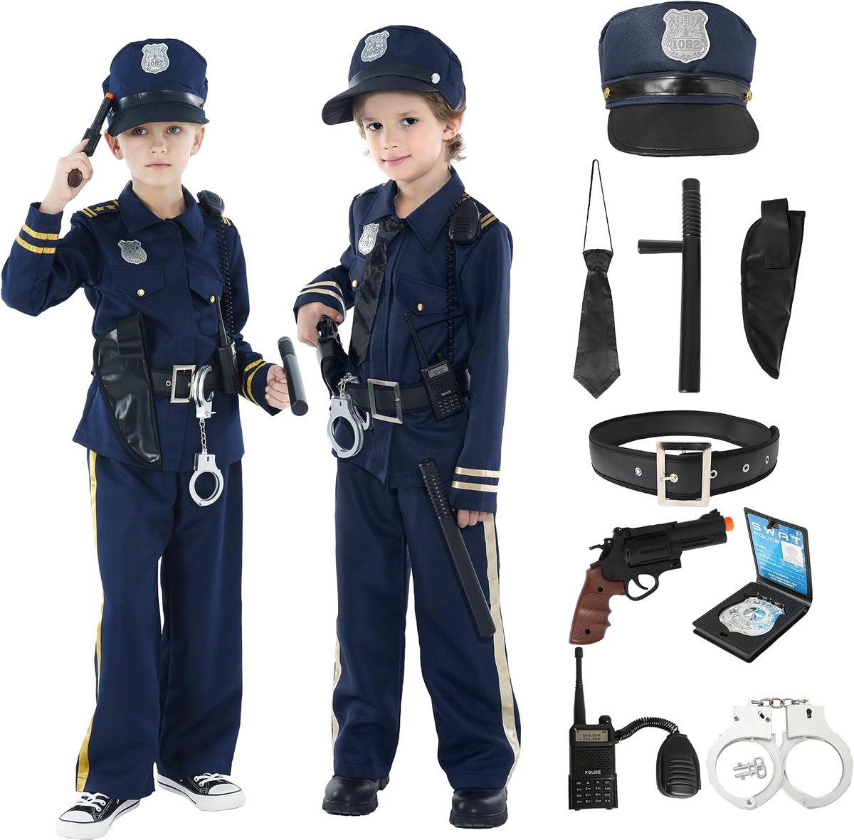 Kids Politie Kostuum voor Unisex Kinderen, Blauw & Geel Politie Uniform Outfit Set voor Halloween Fancy Dress Up, 2-14 jaar