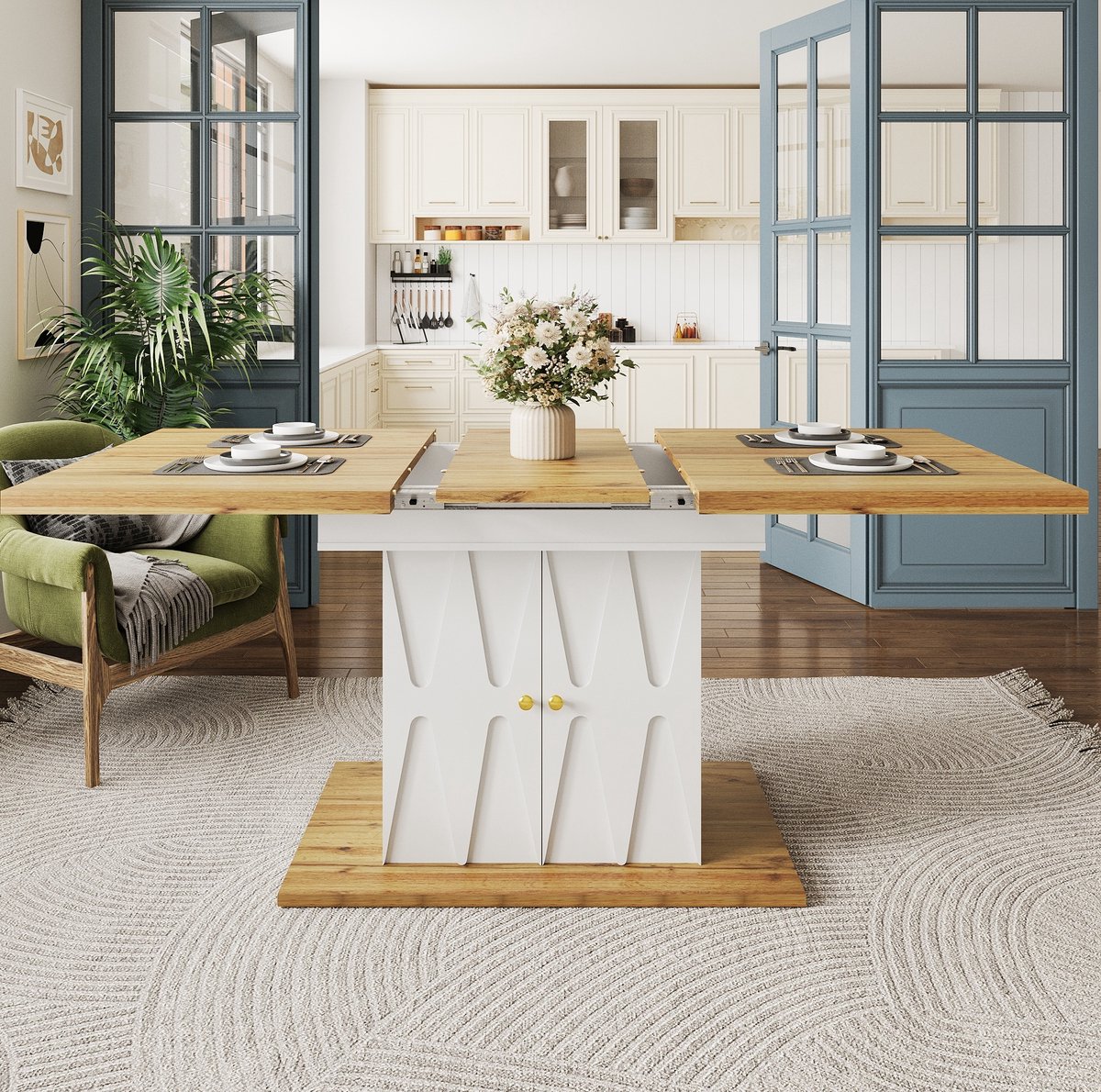 MODFU Uitschuifbare Eettafel - Opbergruimte - Reliëfdecor - Wit - 110-140 X 70 X 76,5 Cm