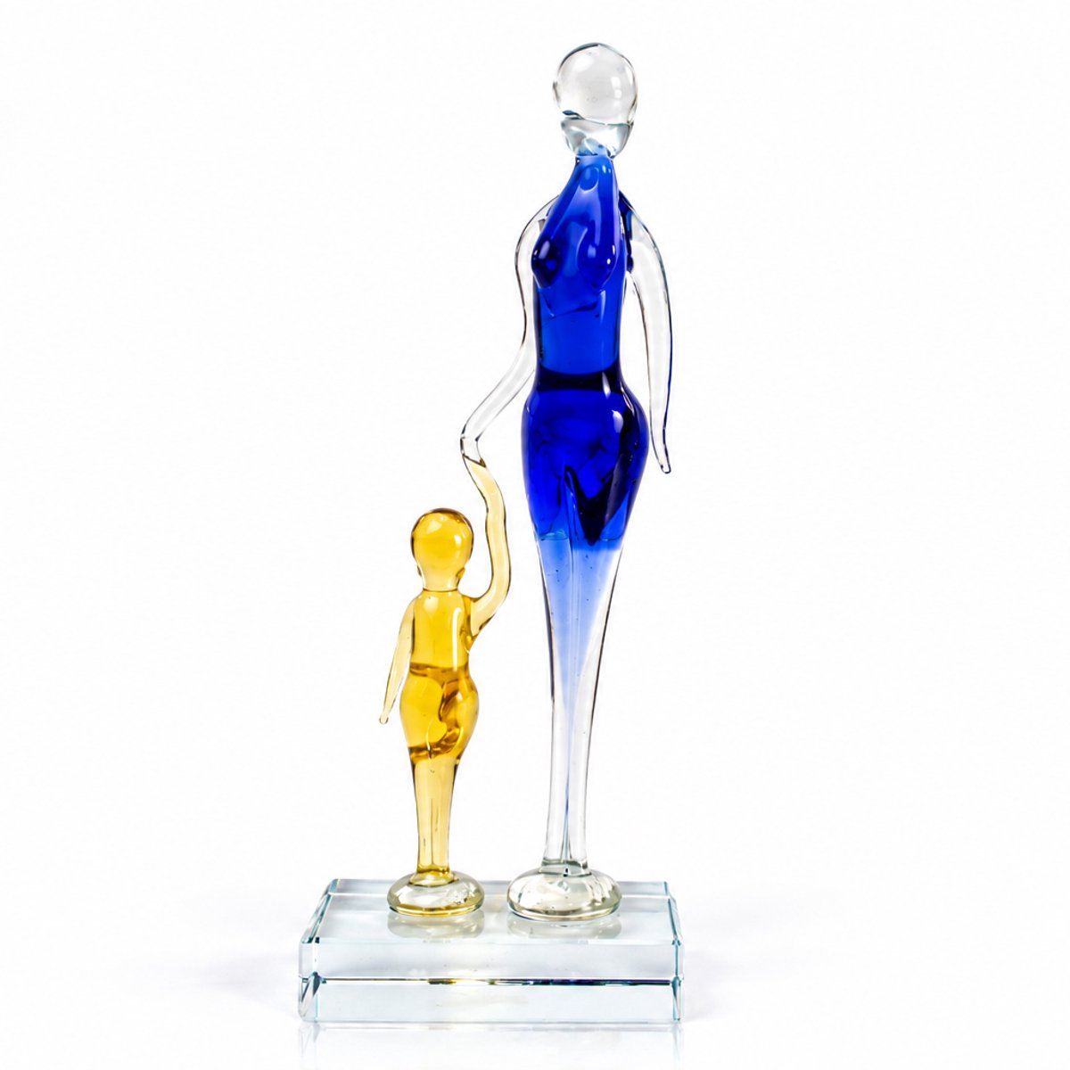 Glazen Beeldje Moeder met Kind – Blauw & Geel – 23 cm