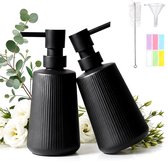 2-delige Glazen Zeepdispensers 350 ml - Zwarte Handzeepdispenser met Pomp - Vloeibare Zeepdispenser voor Badkamer en Keuken - Geribbeld Glazen Zeeppompje - Inclusief Trechter, Reinigingsborstel en Etiketten