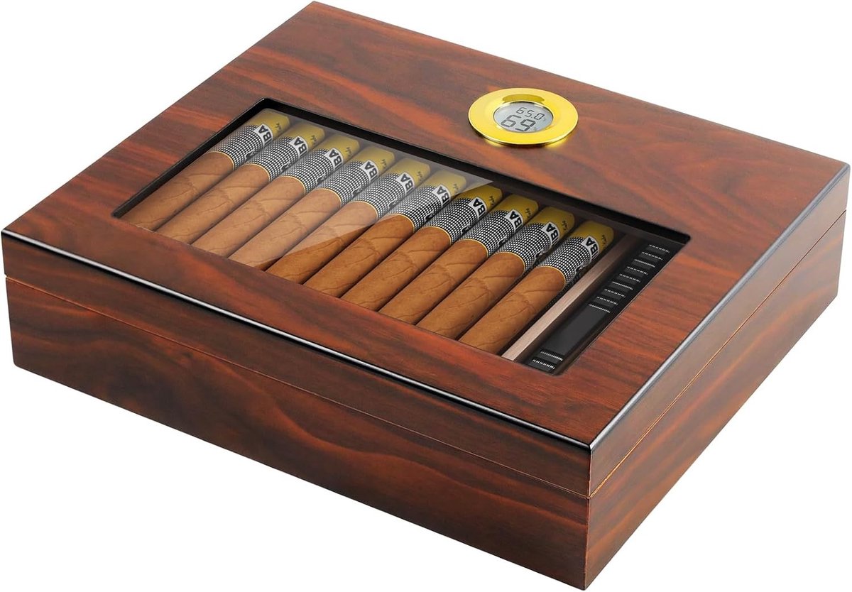 Houten Cigar Humidor voor 15-20 Sigaren met Hygrometer en Humidifier, Handgemaakt en Met Verdeler voor Optimale Bewaring