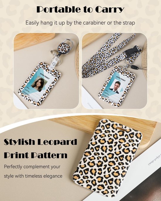 Stijlvolle Badgehouder met Retractable Reel, Carabiner Clip en Afneembare Lanyard - Oranje Luipaardprint voor Kaartbescherming — afbeelding 2