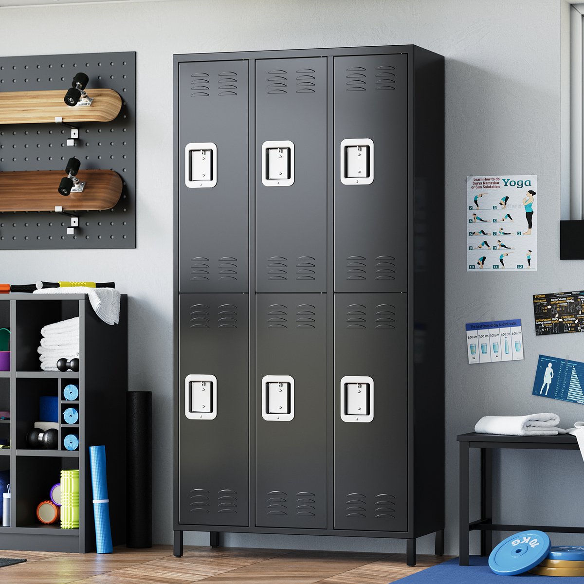 Afsluitbare Metalen Kluisjeskast 72 inch - 6 Deuren met Veiligheidssloten - 18 Haken en Legplanken - Geventileerd - Heavy-Duty Staal - Voor Kantoor School Fitnessstudio Magazijn en Garage