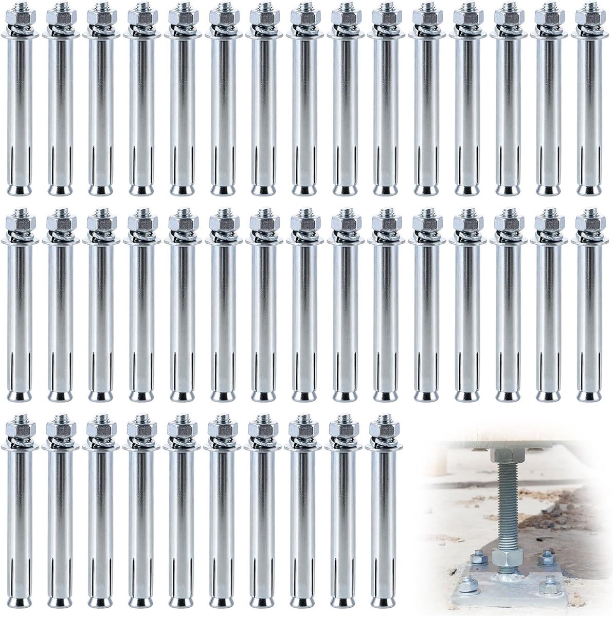 Zware ankers M8 x 100 mm, 40 stuks zware pluggen M8 boutenankers van verzinkt ijzer, complete set met moer en sluitring voor beton, betrouwbaar