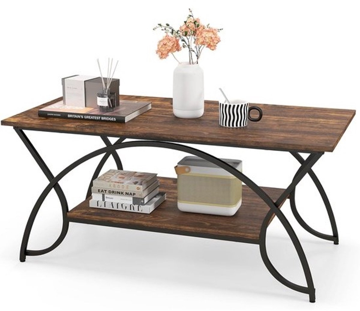 Industrieel Bruine Salontafel met 2 Planken en Metalen Poten - 100 x 50 x 45 cm