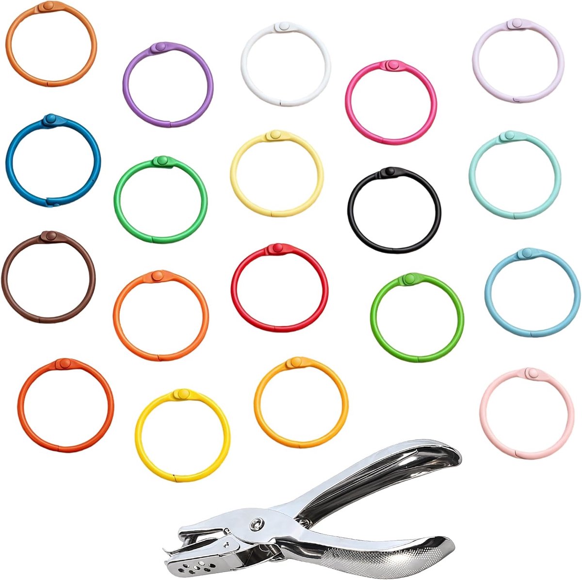 100 Boekringen 30mm Bindringen Metaal Kleurrijk + 1 Ponserset voor Ringband Hechtringen Sleutelringen