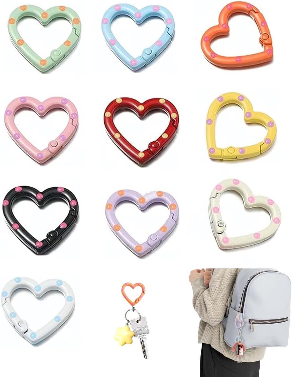 Karabijnhaken hart, sleutelringen, kleurrijk, veerspringringen met hartstippenmotief, robuuste metalen ogen met veerclip voor handtassen, DIY, sleutelhanger, veersluiting en decoratief