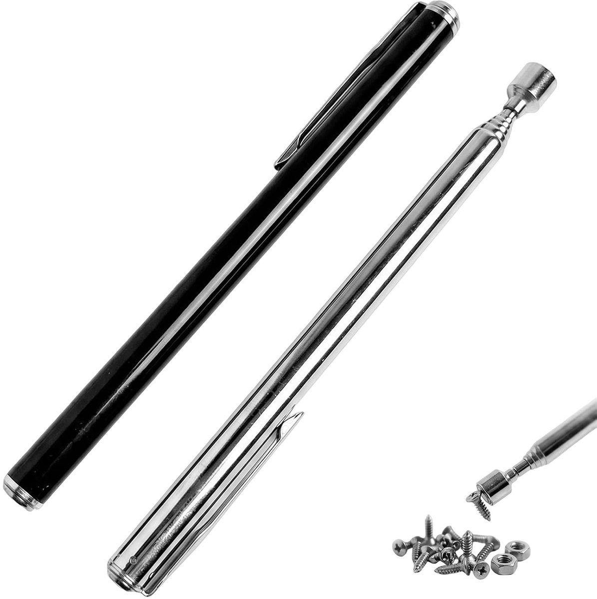 magneet, 2 stuks, magnetisch verzamelgereedschap, uittrekbaar van 12,6 tot 65 cm, draagbaar, magnetisch, voor schroeven, moeren en bouten, zwart en zilver