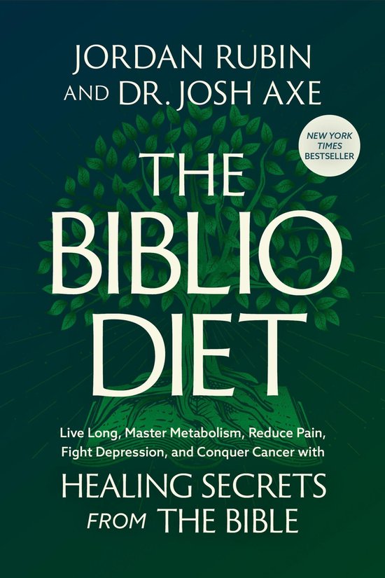 Boek The Biblio Diet met een groene boom en de tekst "Jordan Rubin en Dr. Josh Axe".