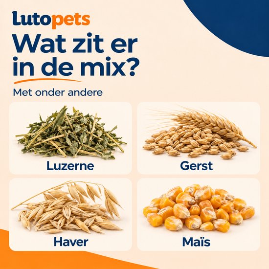 Gedroogde luzerne, gerst, haver en maïs, de ingrediënten van luto pets konijnenvoer.