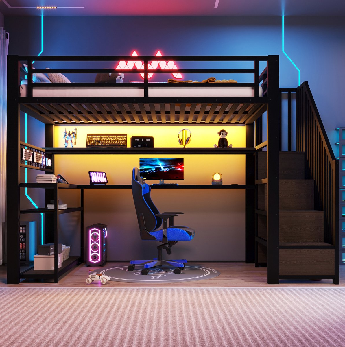 MEUNIQ Metalen hoogslaper 90 x 200 cm met bureau, kledingkast, opbergtrap, open vakken en RGB-ledverlichting voor slaapkamer, zwart