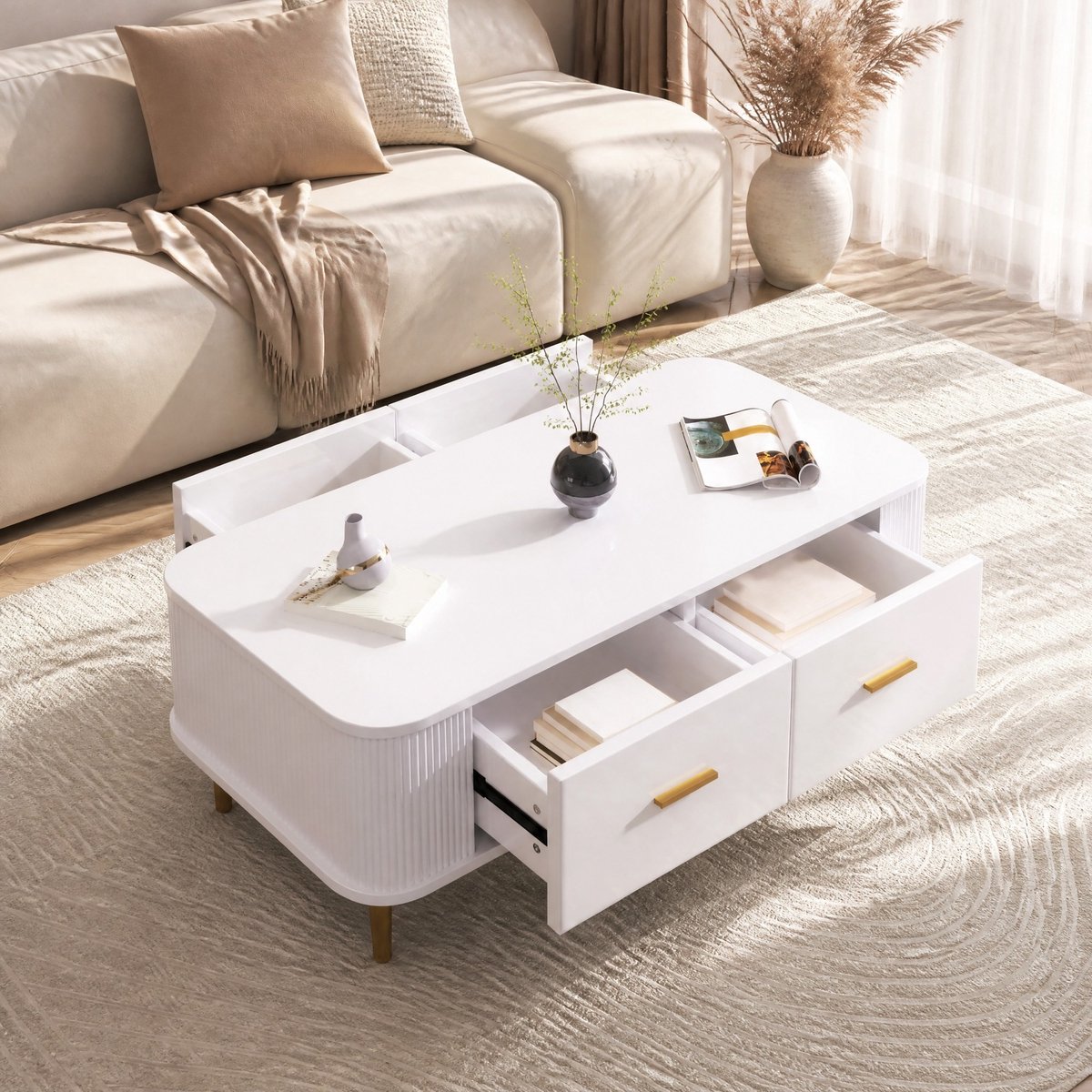 MEUNIQ Salontafel 105 x 51 x 38 cm met 4 lades, afgerond blad en golvende zijkanten, wit met gouden handgrepen en poten voor woonkamer