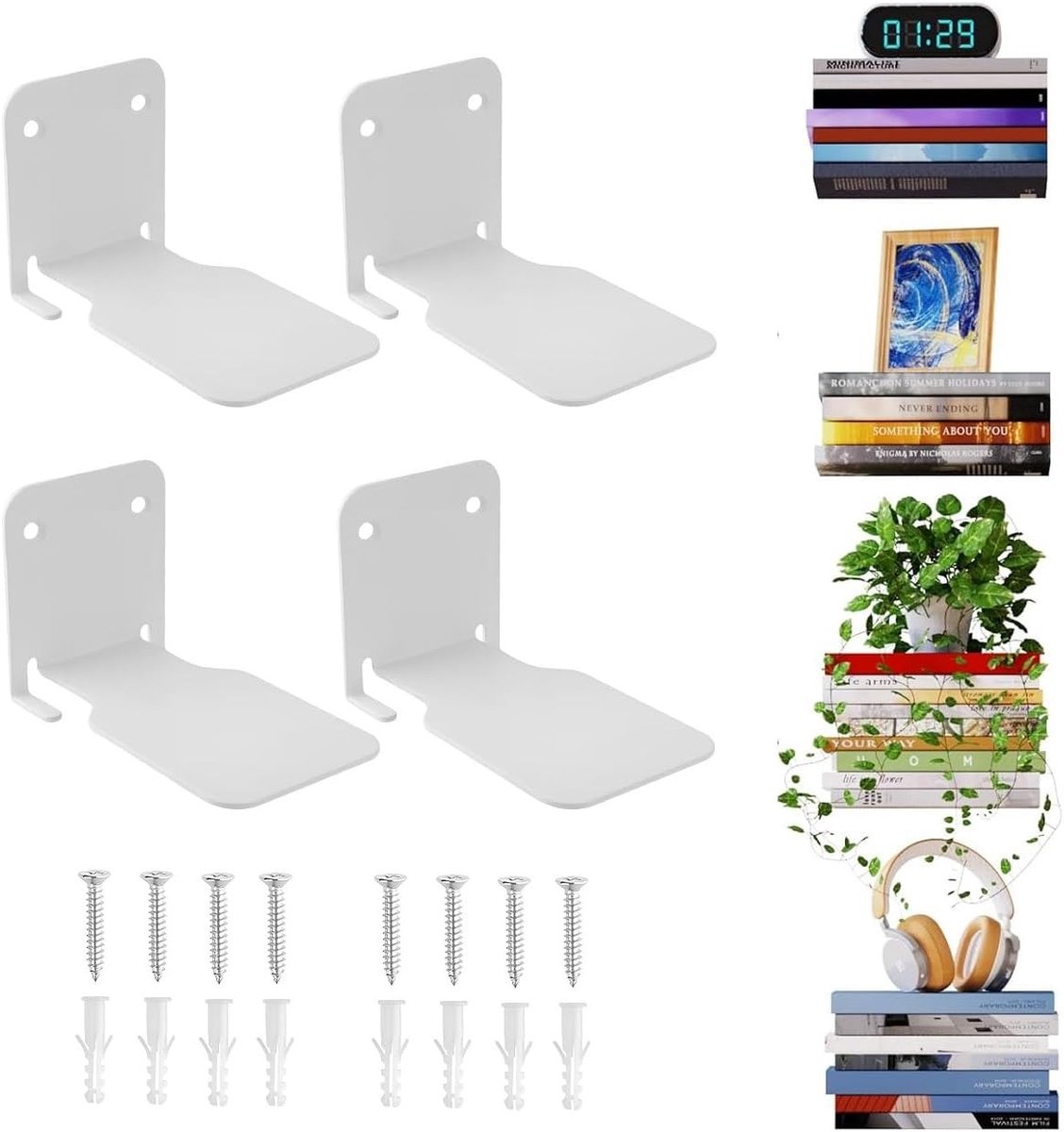 Floating Bookcase Set van 4 Stukken, Zwevende Boekenplanken voor Woonkamer, Slaapkamer en Kantoor, Ideaal voor Boeken en Decoratie