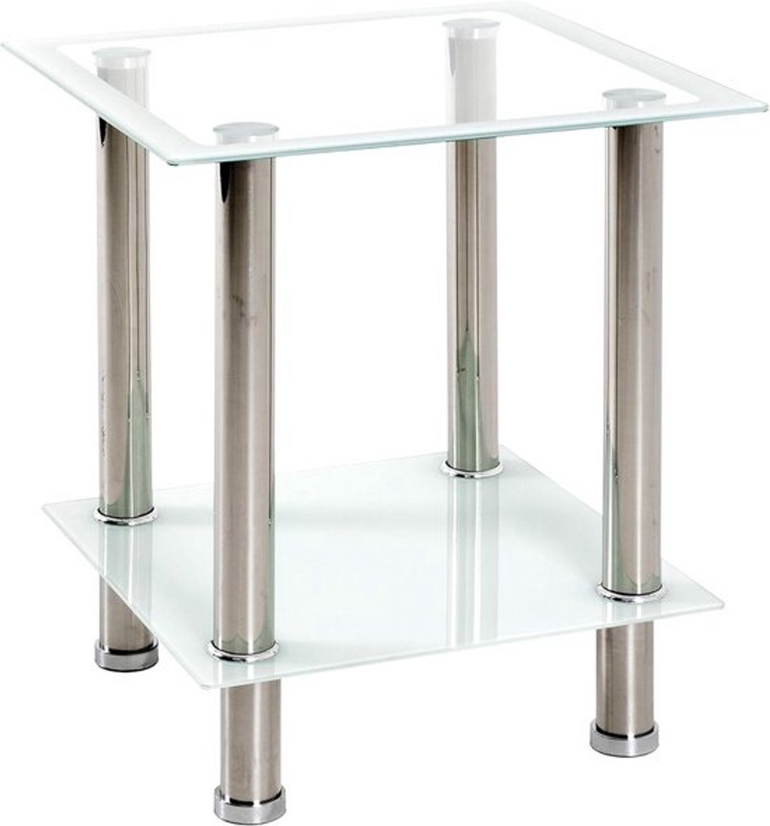 Bijzettafel RVS en Wit Glas Vierkant Klein Salontafel of Nachtkastje