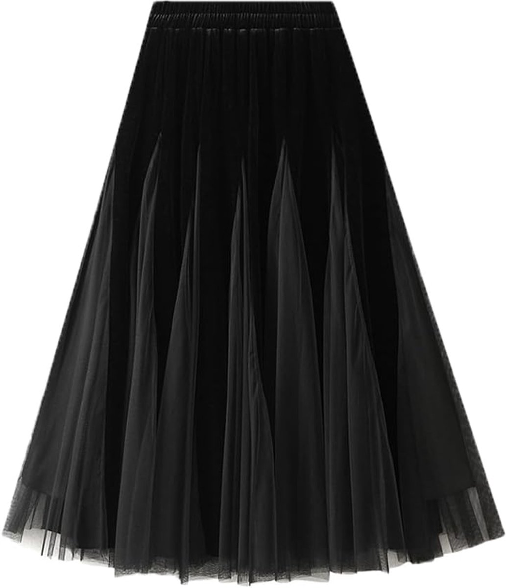 Damesrok voor meisjes, lange rok, fluweel, patchwork, mesh, hoge taille, elastische taille, plooirok, slanke rok