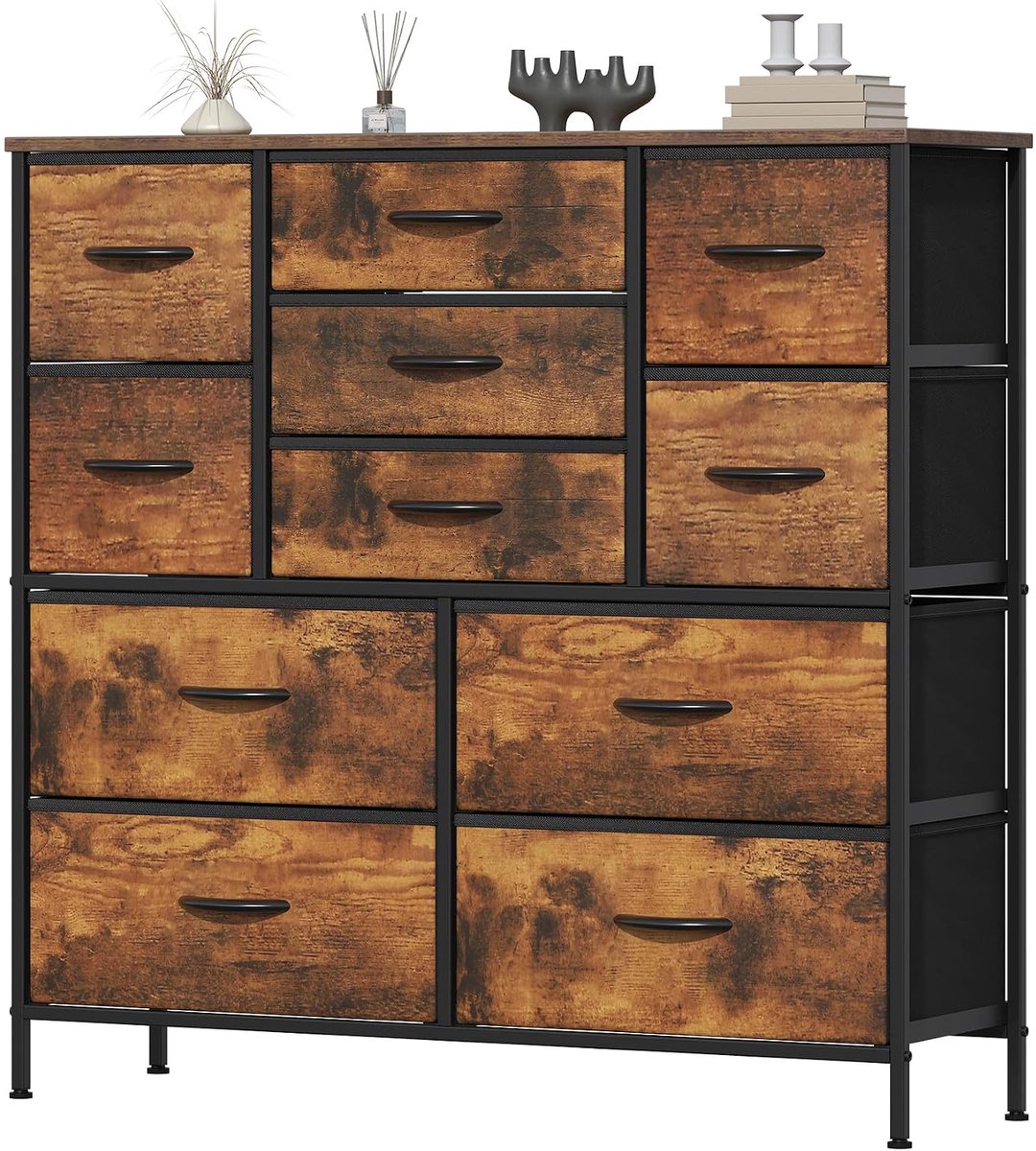 Industriële ladekast - 11 stoffen lades in 3 formaten - Rustieke houtlook en zwart - Voor kleding - MDF-blad - Verstelbare voeten - 100 x 30 x 97 cm