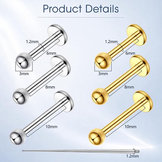 Ronde Bal Titanium Platte Terug Oorbellen Stud, 18G Titanium Kraakbeen Tragus Labret Lip Medusa Piercing Sieraden voor Vrouwen Mannen — afbeelding 2