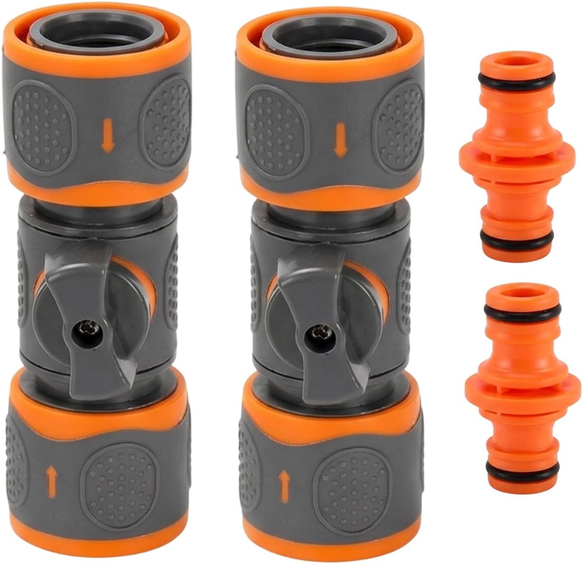 Koppeling met regelventiel, 4 stuks slangkoppeling met regelventiel, koppeling en dubbele koppelingsset, tuinslangconnector met afsluitkraan voor waterstroomregeling