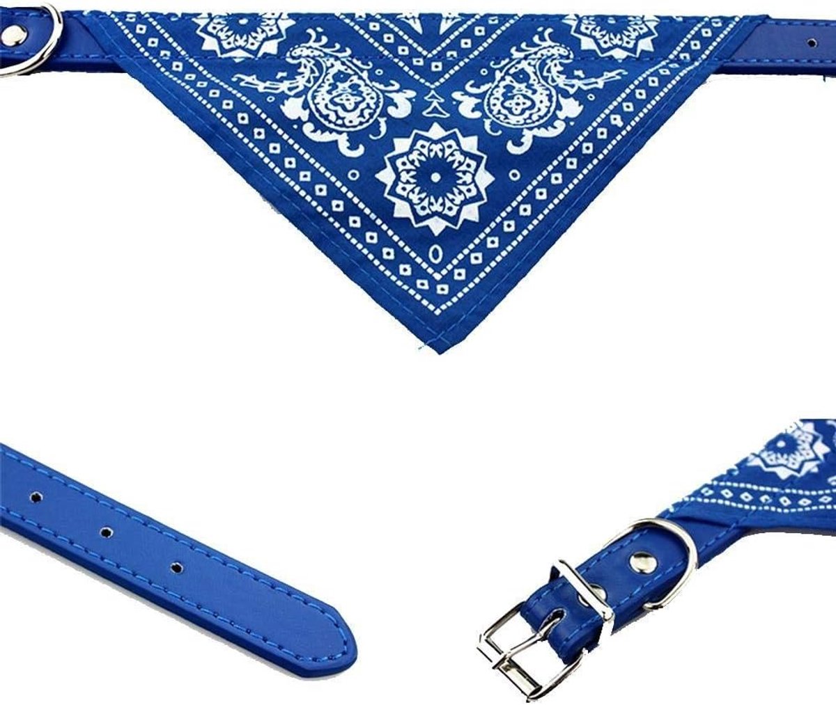 Halsband van PU-leer met blauwe bandana voor honden of katten, XS S M L XL