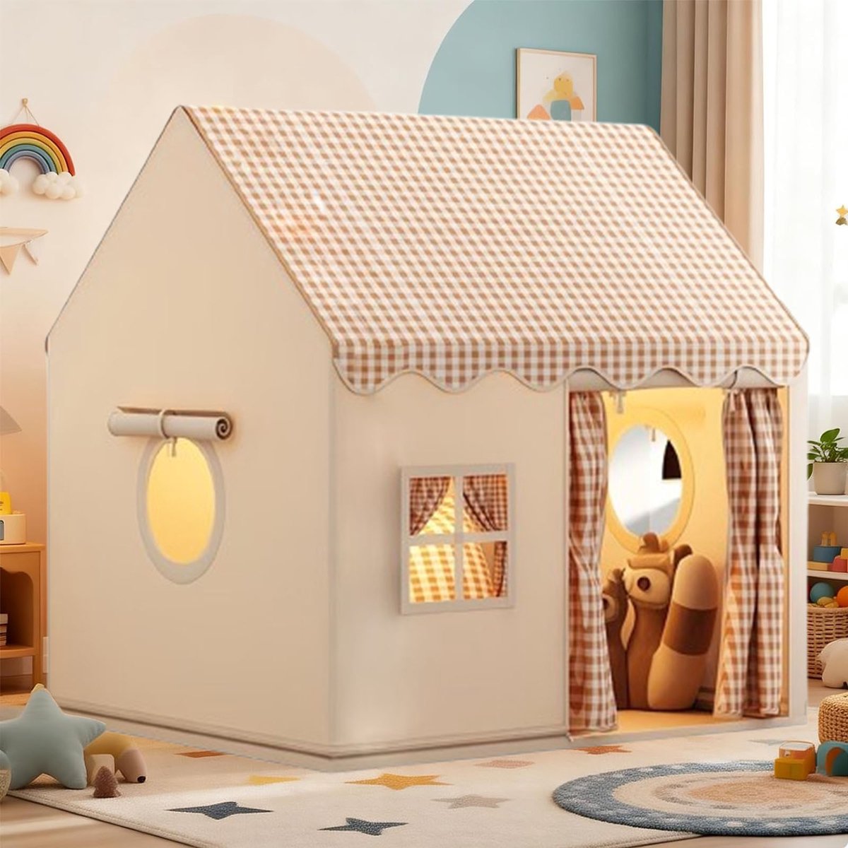 Speeltent voor kinderen met raam – Prinsessenkasteel voor binnen en buiten, beige & wit, eenvoudig op te zetten, lichtgewicht en draagbaar speelhuisje voor jongens en meisjes, huisje voor rollenspellen